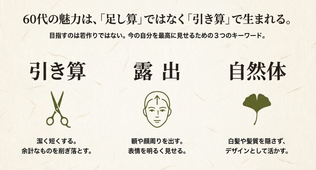 60代男性の髪型選びの重要ポイント：引き算、露出、自然体の3つのキーワード解説図