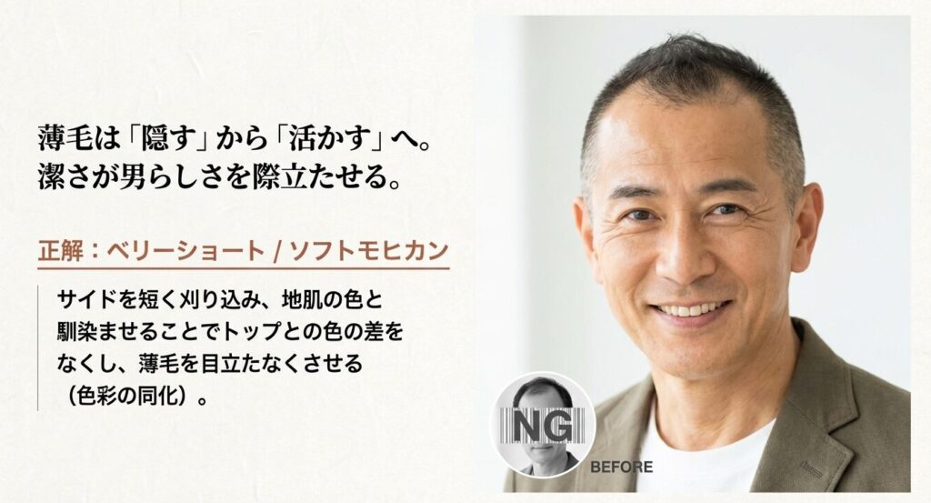 薄毛を隠すのではなく活かす正解スタイル：色彩同化効果を利用したベリーショートとソフトモヒカンの解説