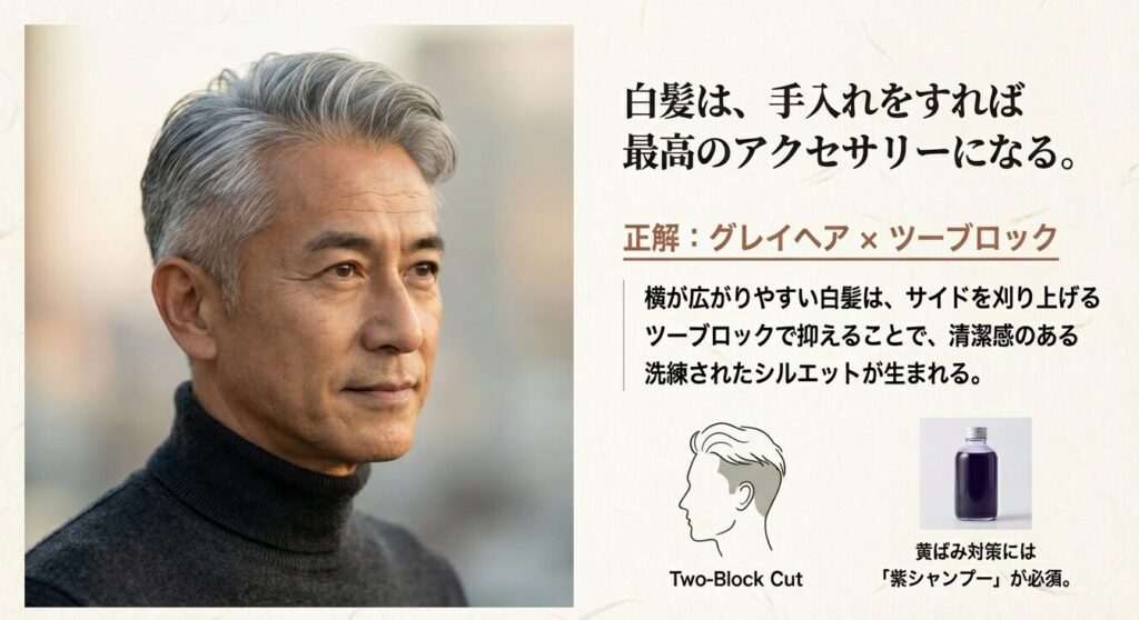 白髪を活かす正解スタイル：横の広がりを抑えるツーブロックとグレイヘアの組み合わせ写真