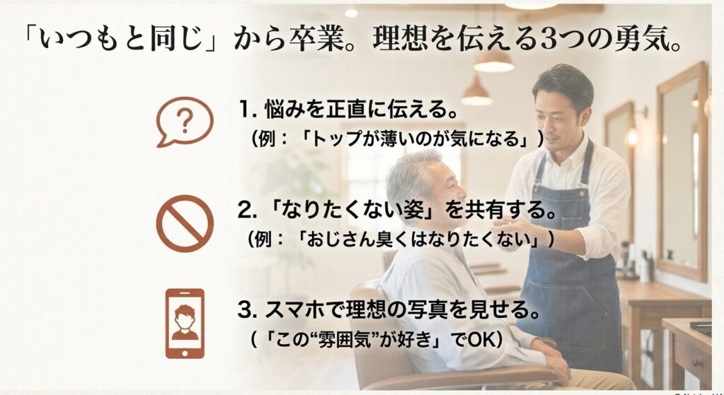 美容室での失敗を防ぐオーダー方法：悩みを伝える、なりたくない姿を共有、写真を見せるの3ステップ
