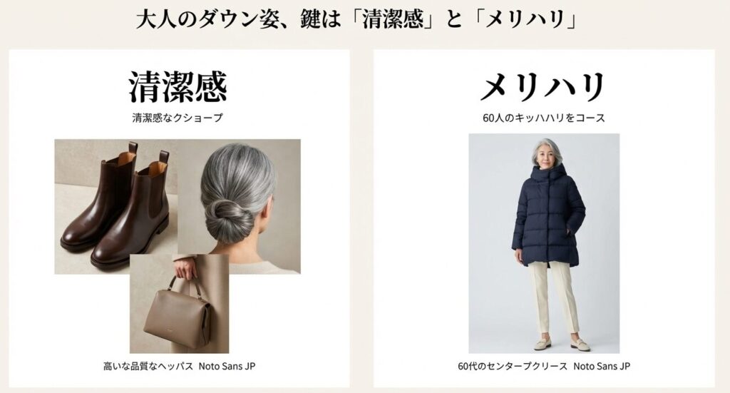 ダウンコートを上品に着こなす鍵・清潔感とメリハリ