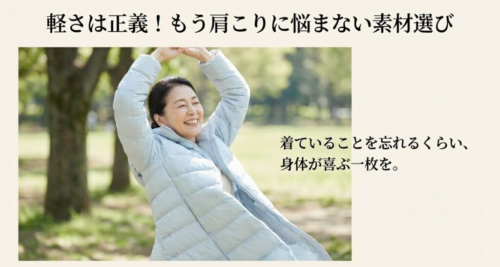 肩こりに悩まない軽量ダウンコートの素材選び