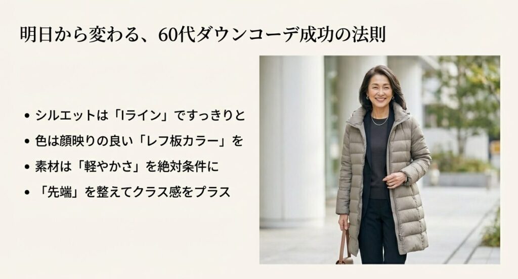 明日から変わる60代ダウンコーデ成功の法則まとめ
