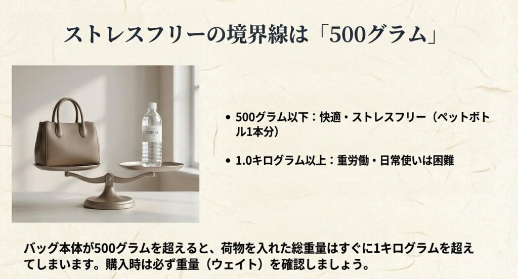 ストレスフリーなバッグの重さはペットボトル1本分の500g以下が目安