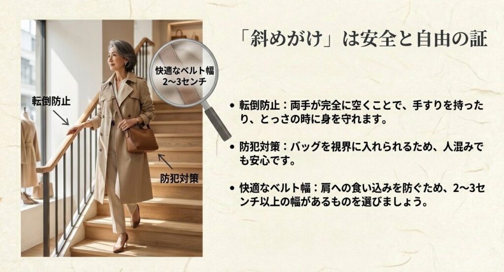 斜めがけバッグは転倒防止と防犯対策になり両手が空くのがメリット