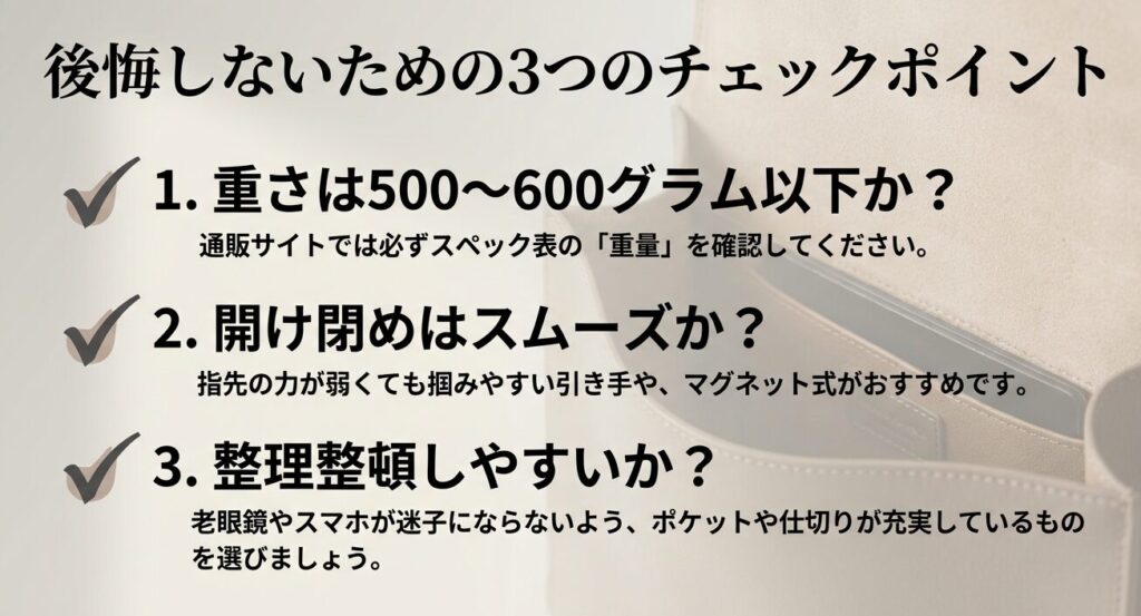 失敗しないバッグ選びの3つのポイントは重さ・開閉のしやすさ・ポケットの充実度