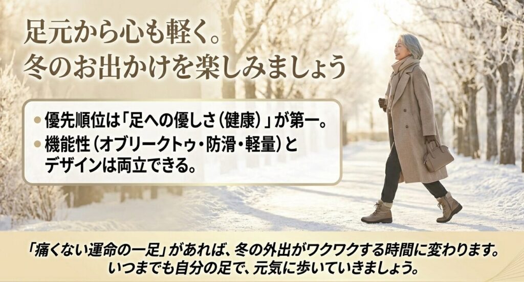 足への優しさを最優先に、機能性とデザインを両立させて冬のお出かけを楽しむためのメッセージ画像