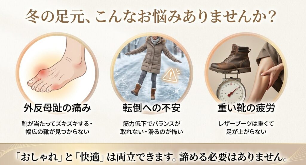 外反母趾の痛み、転倒への不安、重い靴の疲労など60代女性の足の悩みをまとめたチェックリスト