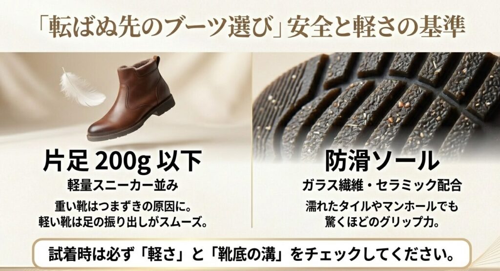 片足200g以下の軽さと防滑ソールの重要性を解説した、安全なブーツ選びの基準スライド