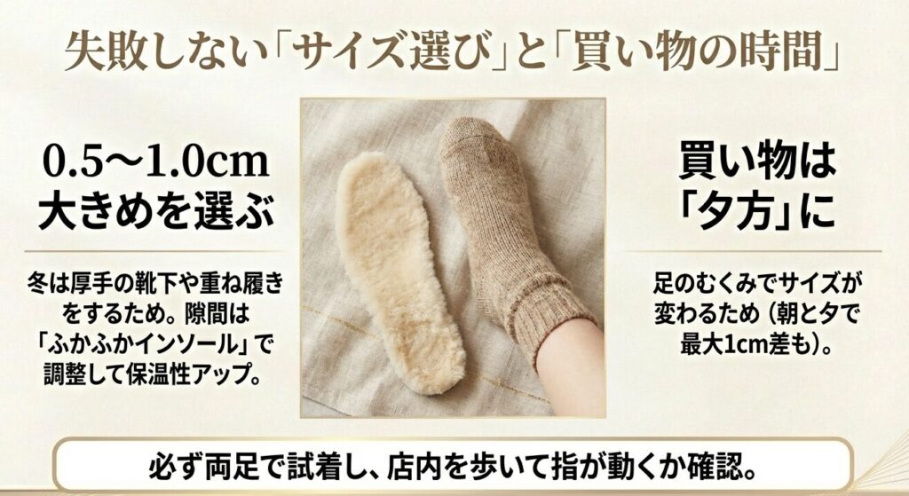 厚手の靴下のために0.5cm大きめを選ぶコツと、足がむくむ夕方に試着することの重要性を解説した画像