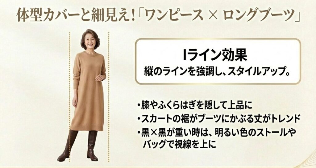 縦のラインを強調するIライン効果で細見えする、ワンピースとロングブーツのコーディネート解説