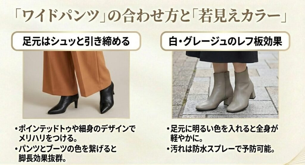 ワイドパンツには細身のブーツを合わせるコツと、白やグレージュを使った若見えカラー効果の解説