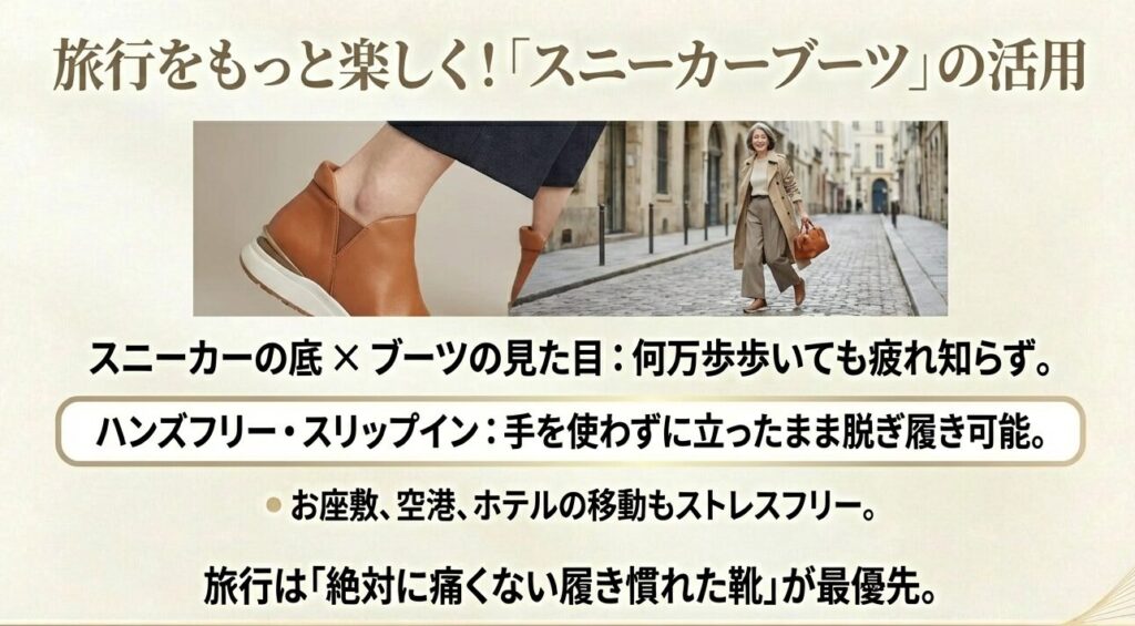 歩きやすいスニーカーブーツのメリットと、手を使わずに履けるスリップイン機能の便利さを解説したスライド
