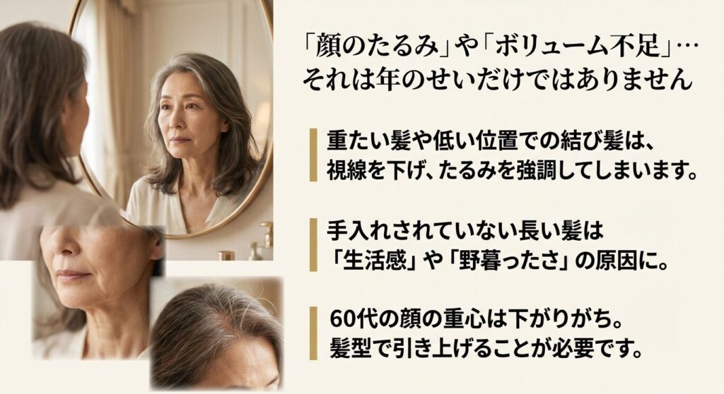 顔のたるみやボリューム不足は年のせいだけではありません。髪型で重心を引き上げることが必要です