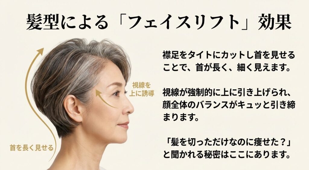 髪型によるフェイスリフト効果。首を長く見せ、視線を上に誘導することで顔全体が引き締まります