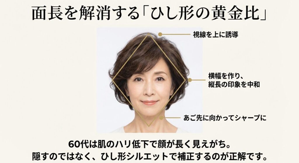 面長を解消するひし形の黄金比。横幅を作り縦長の印象を中和し、あご先に向かってシャープに見せます