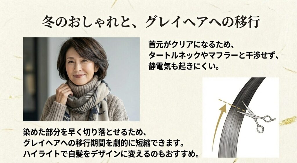 冬はタートルネックと干渉せず快適。染めた部分を早く切り落とせるためグレイヘアへの移行もスムーズです