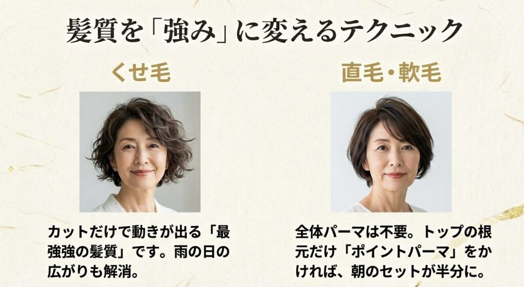 くせ毛はカットだけで動きが出る最強の髪質。直毛・軟毛はポイントパーマで解決できます