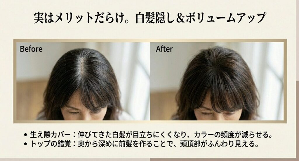 前髪を作る前（Before）と作った後（After）の比較。生え際の白髪を隠し、トップのボリューム不足を解消する効果。