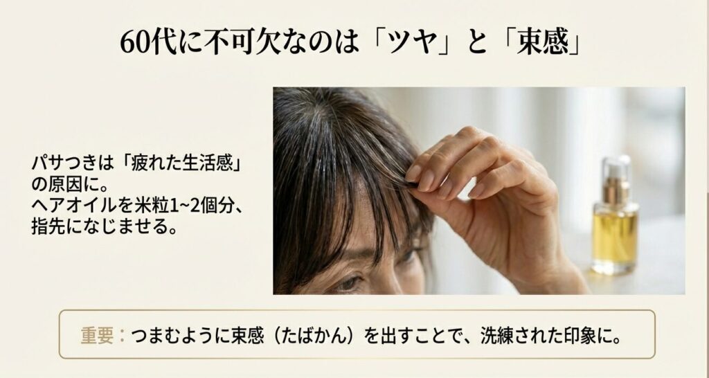 60代の髪にツヤと束感を出すヘアオイルのスタイリング手順。指先でつまむようにつけるのがポイント。