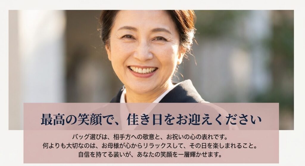 笑顔で顔合わせ当日を迎える60代母親のイメージ