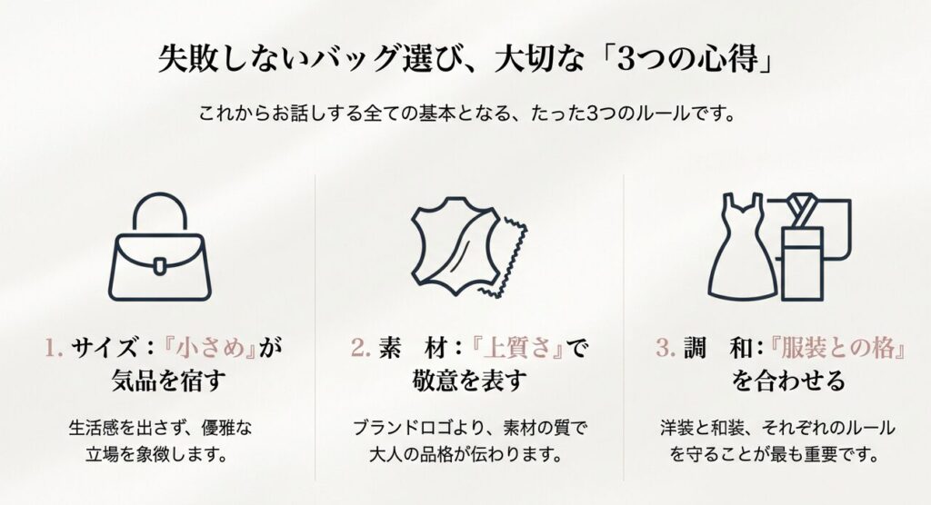 失敗しない顔合わせバッグ選び3つの心得