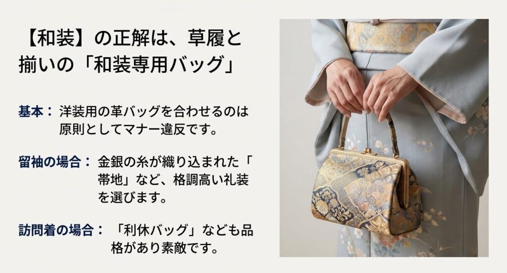 黒留袖や訪問着に合わせる和装専用バッグのコーディネート例