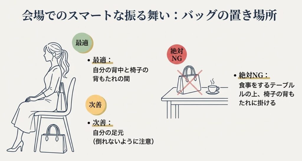 顔合わせ食事会でのバッグの置き場所マナーイラスト（背中・足元）