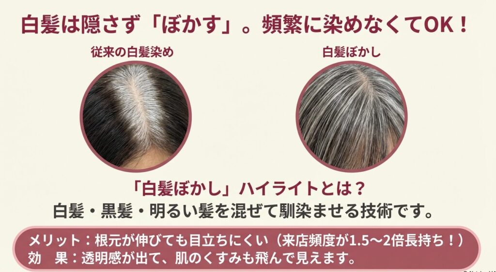 頻繁に染めなくて済む白髪ぼかしハイライトの技術とメリットの比較図
