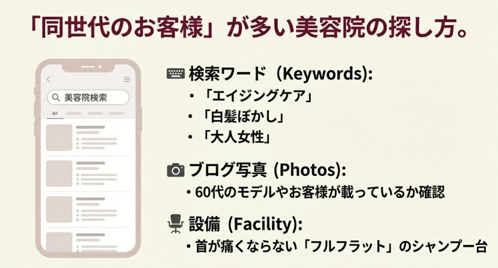 エイジングケアや白髪ぼかしなどのキーワードを使った美容院の検索方法とスマホ画面イメージ