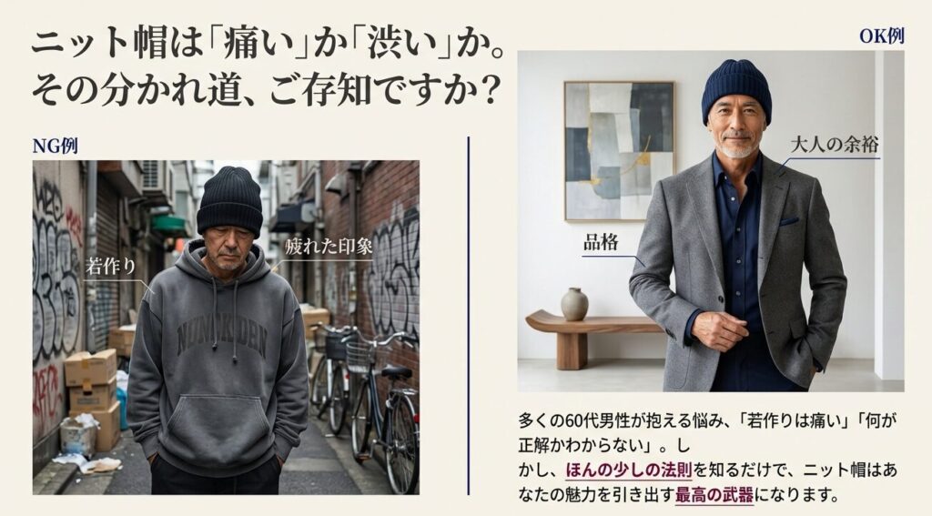 60代男性のニット帽コーデにおける若作りで痛いNG例と品格あるOK例