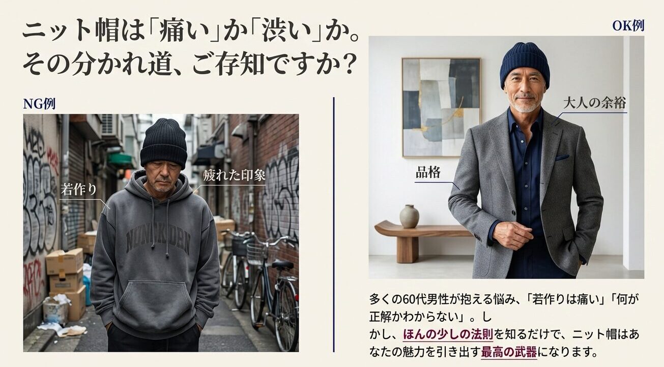 60代男性のニット帽コーデにおける若作りで痛いNG例と品格あるOK例