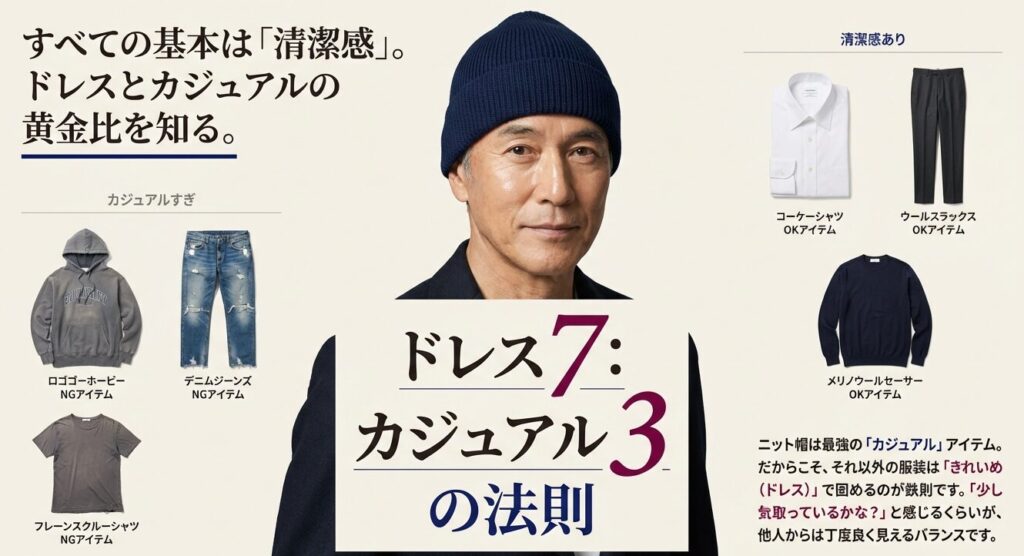 清潔感を出すためのドレス7対カジュアル3の黄金比率とNG・OKアイテムの解説