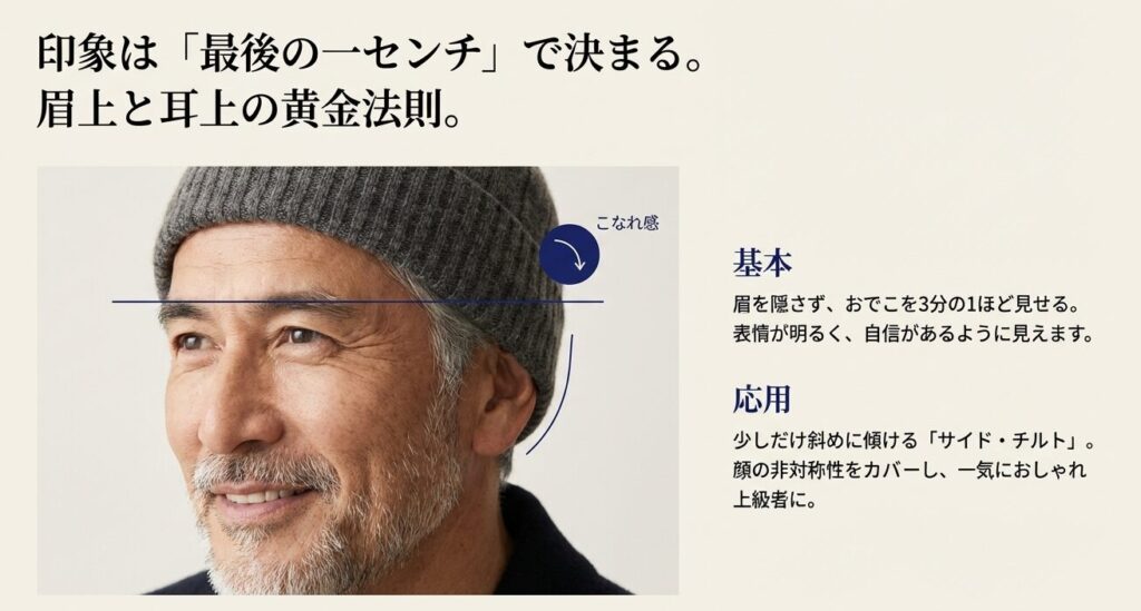 顔の非対称性をカバーしおしゃれなこなれ感を出すニット帽の斜めかぶり（サイド・チルト）の図解