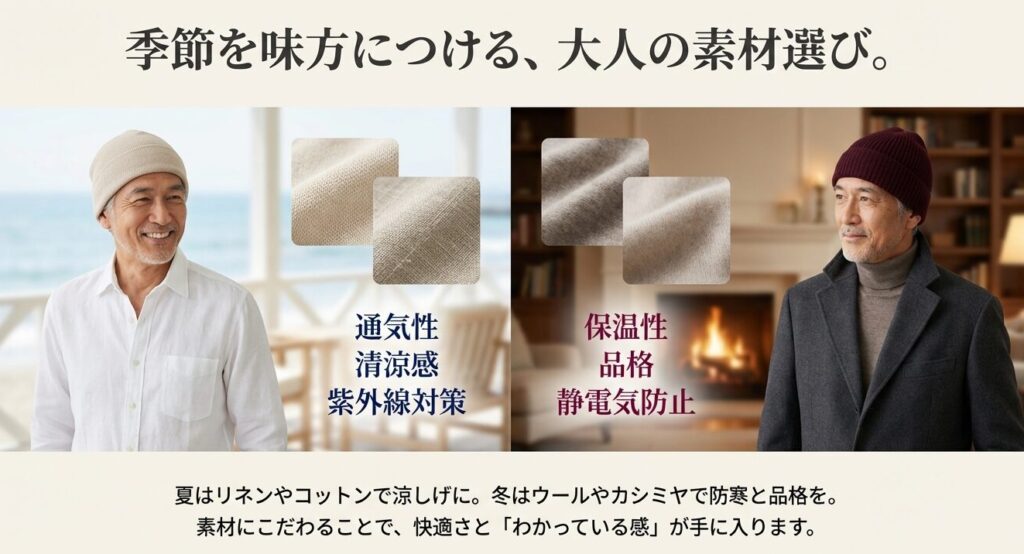 夏はリネンやコットンで涼しく、冬はウールやカシミヤで防寒する季節別ニット帽素材の選び方