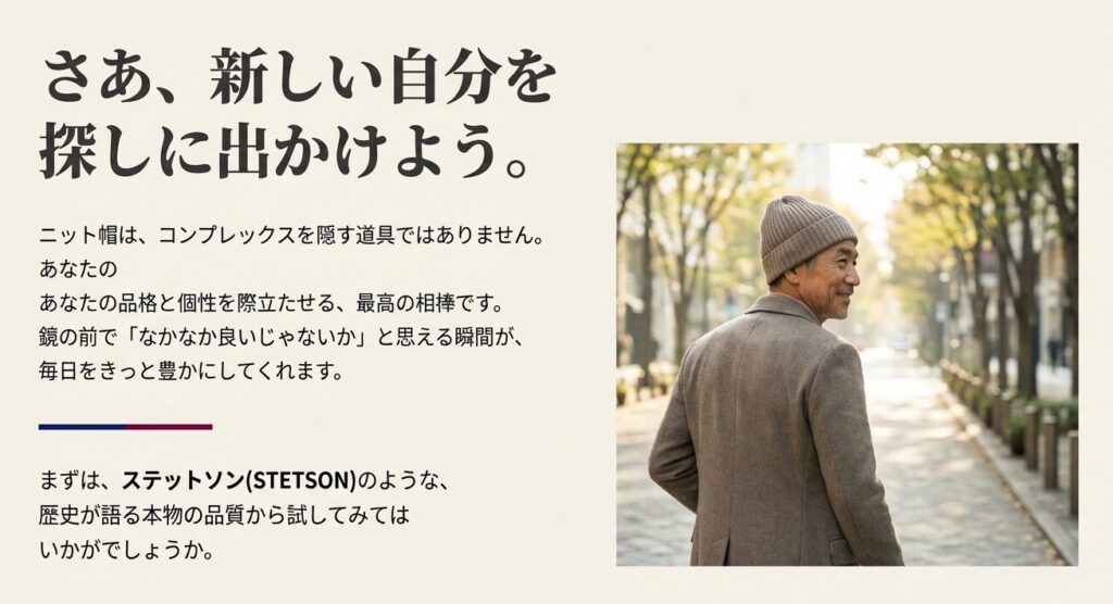 ステットソンのニット帽をかぶり、街中で振り返る笑顔の素敵な60代男性のイメージ画像