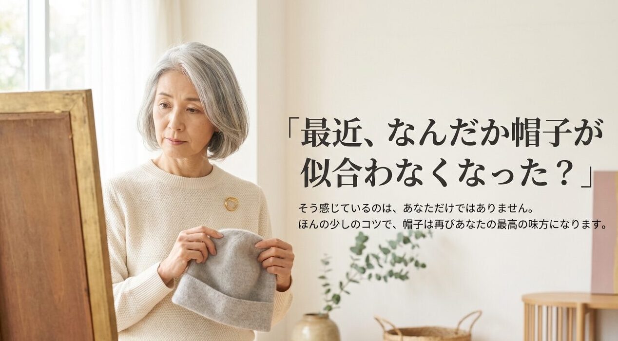60代女性が帽子が似合わなくなったと感じる悩みと、コツを知ることで解決できるという導入スライド