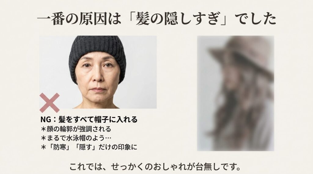 ニット帽に髪をすべて入れてしまい、顔の輪郭が強調されて水泳帽のように見えてしまうNGなかぶり方