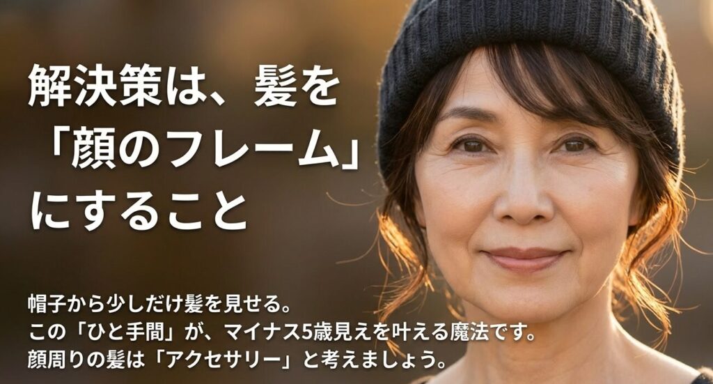 帽子から少しだけ髪を出して顔周りにフレームを作り、マイナス5歳見えを叶えるニット帽のかぶり方