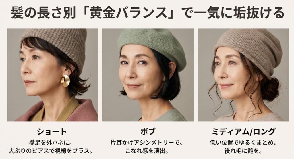 ショート・ボブ・ミディアムロング別、60代女性が垢抜けるニット帽のヘアアレンジ黄金バランス図解