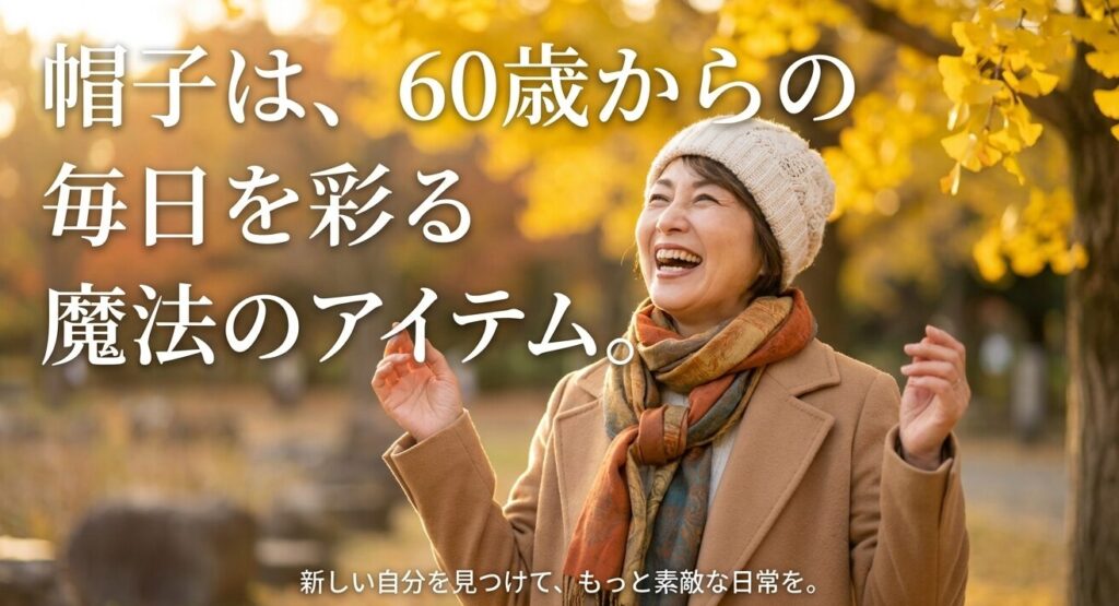 帽子は60歳からの毎日を彩る魔法のアイテム。新しい自分を見つけて素敵な日常を過ごそうというメッセージ