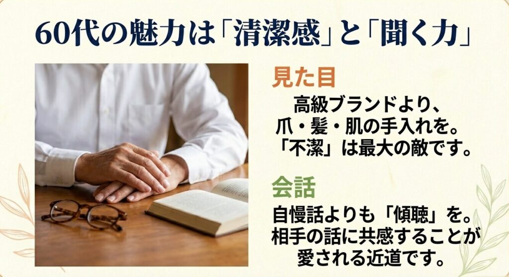 60代の魅力は清潔感と聞く力。爪・髪・肌の手入れと傾聴が大切