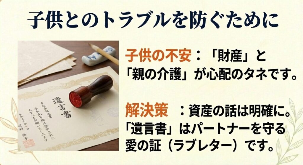 子供とのトラブルを防ぐために。財産と親の介護が心配のタネ。遺言書は愛の証