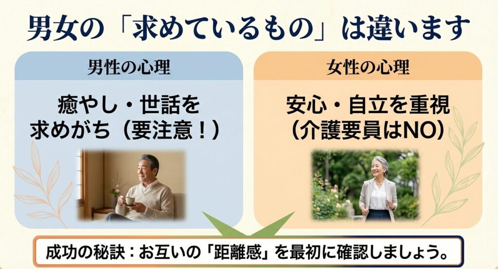 男女の求めているものの違い。男性は癒やし・世話、女性は安心・自立を重視