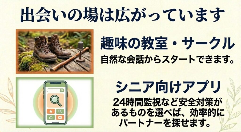 出会いの場は広がっている。趣味の教室・サークルやシニア向けアプリの特徴