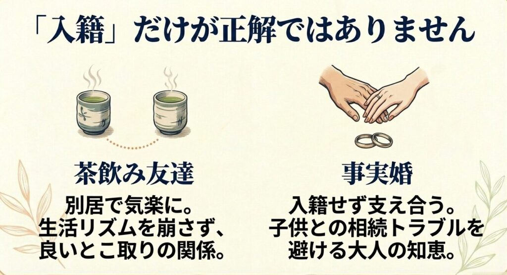 入籍だけが正解ではない。茶飲み友達や事実婚など別居や相続トラブルを避ける選択肢