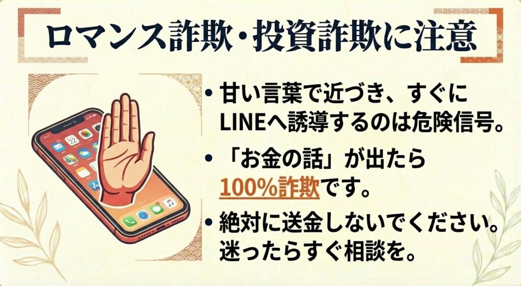ロマンス詐欺・投資詐欺に注意。LINE誘導や金銭の話が出たら100%詐欺