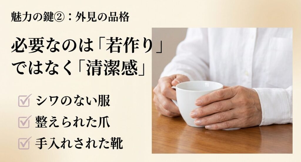 外見の魅力の鍵となる清潔感とシワのない服や整えられた爪の重要性を示すスライド