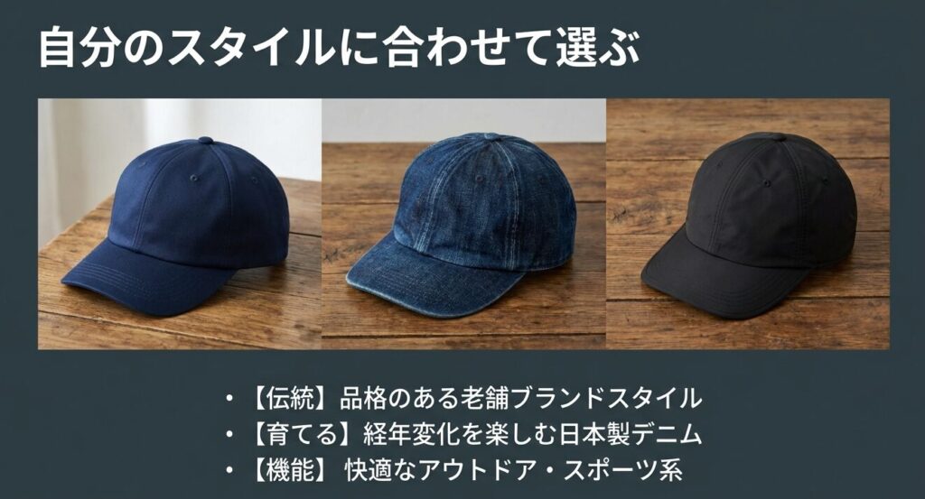 伝統的な老舗ブランド、経年変化を楽しむ日本製デニム、快適なアウトドア・スポーツ系の3スタイル。