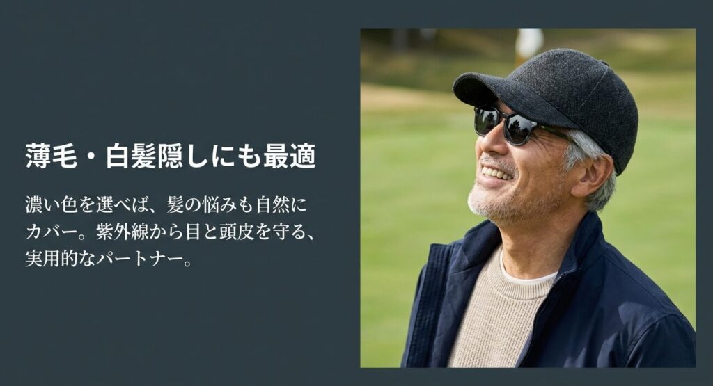 濃い色を選べば髪の悩みも自然にカバーでき、紫外線から頭皮を守る実用的なパートナーになる。